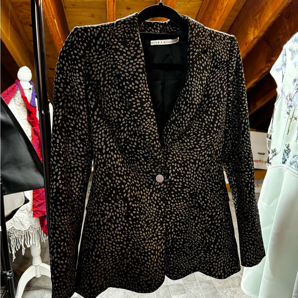 Alice + Olivia black blazer with gold sparkles